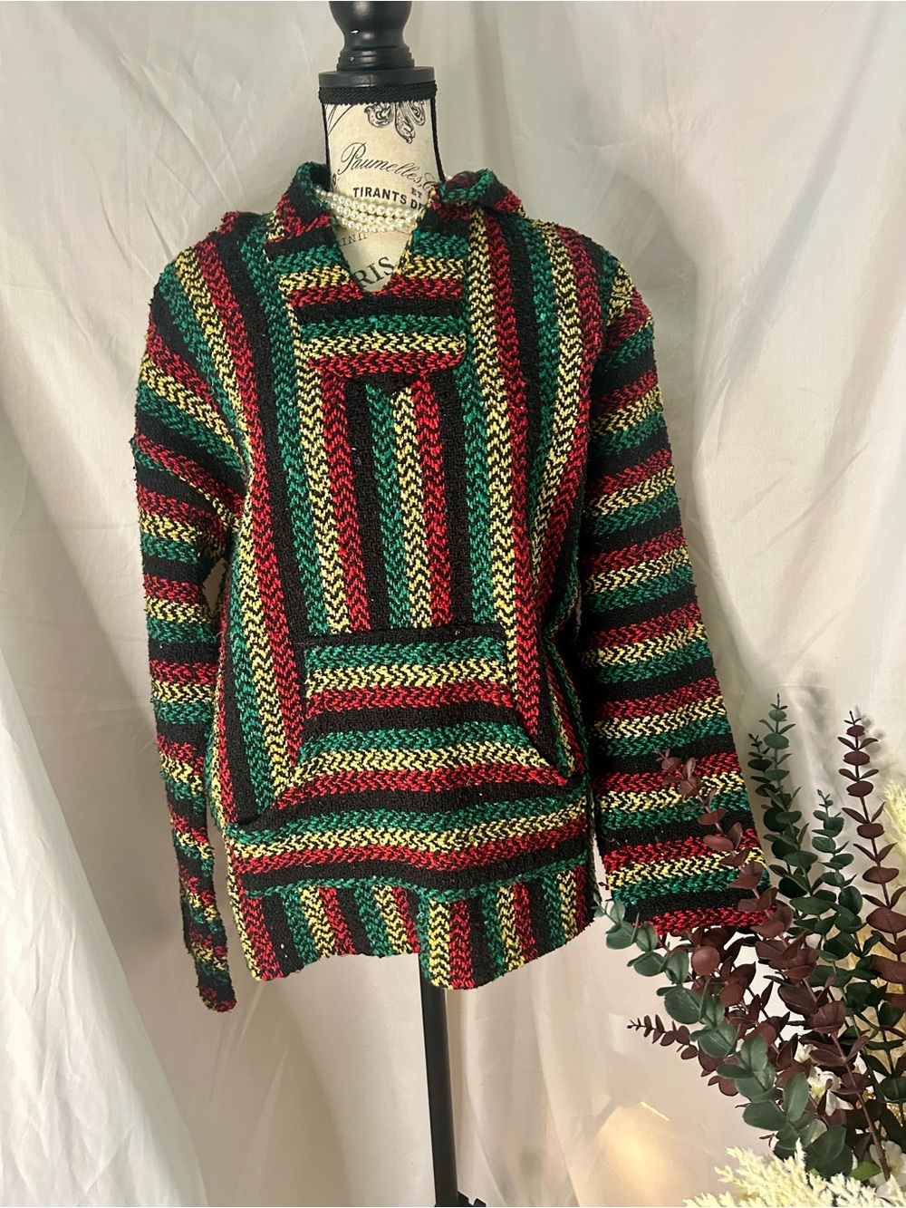 Striped Knit Baja Rasta Hoodie Sweater in Red, Green & Yellow